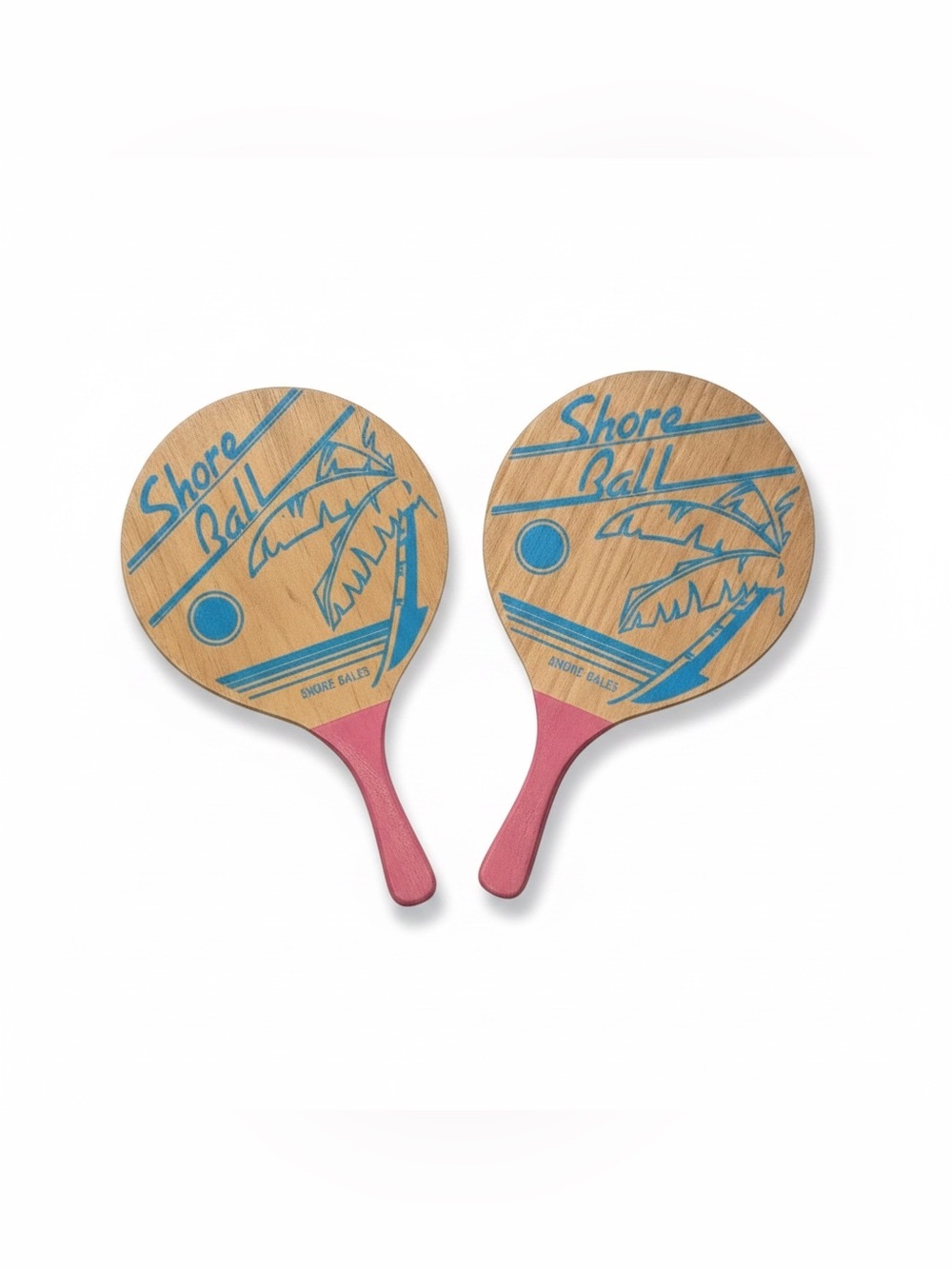 VINTAGE SHORE BALL Wooden Paddle Set in Natural Wood and Pink retro beach toy